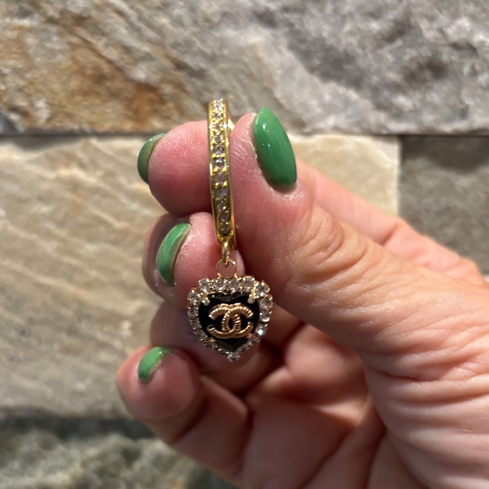 Gold-Tone Heart Drop Earrings with Black Enamel and Crystals - Picture 3 of 5